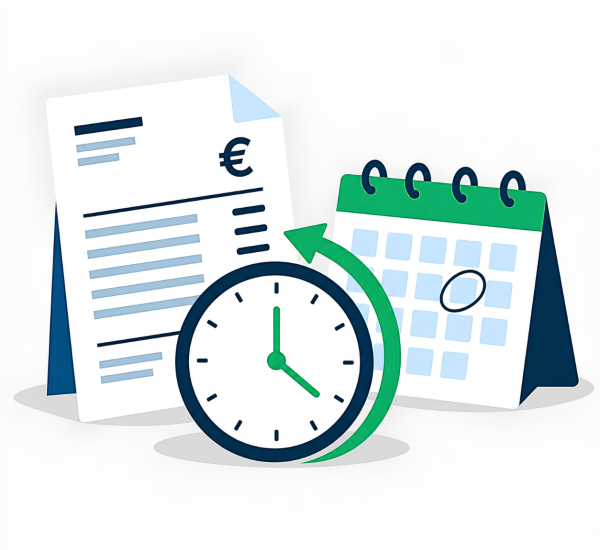 Factuur met kalender en klok als illustratie van de verjaringstermijn van facturen - Unpaid